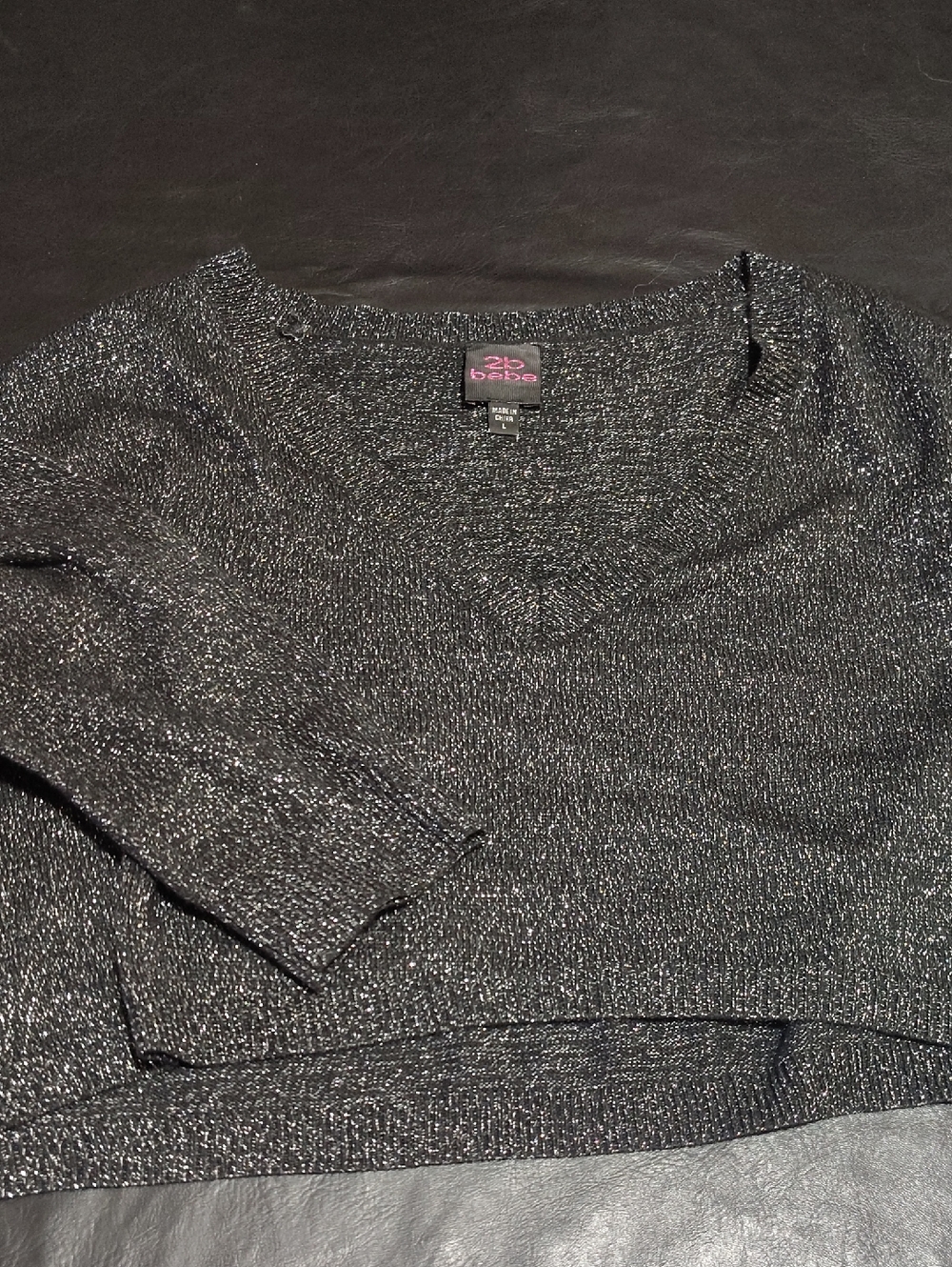 bebe Metallic Black V-Neck Women's Sweater